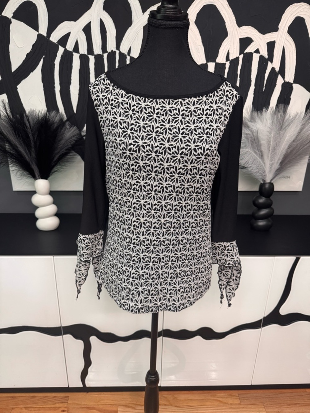 Per Seption Vintage USA Geometric Print Blouse Women's Tie Cuff Top Chic XL